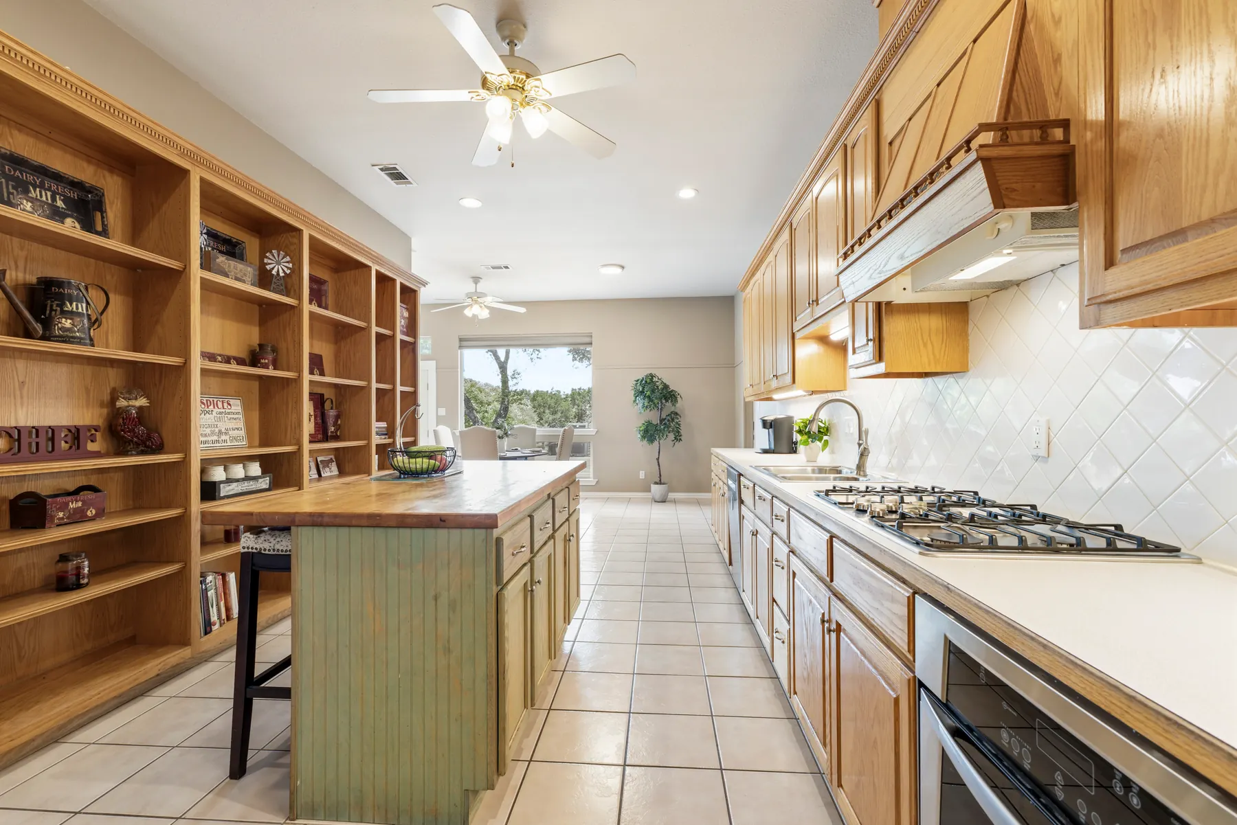 Long kitchen with extensive cabinetry